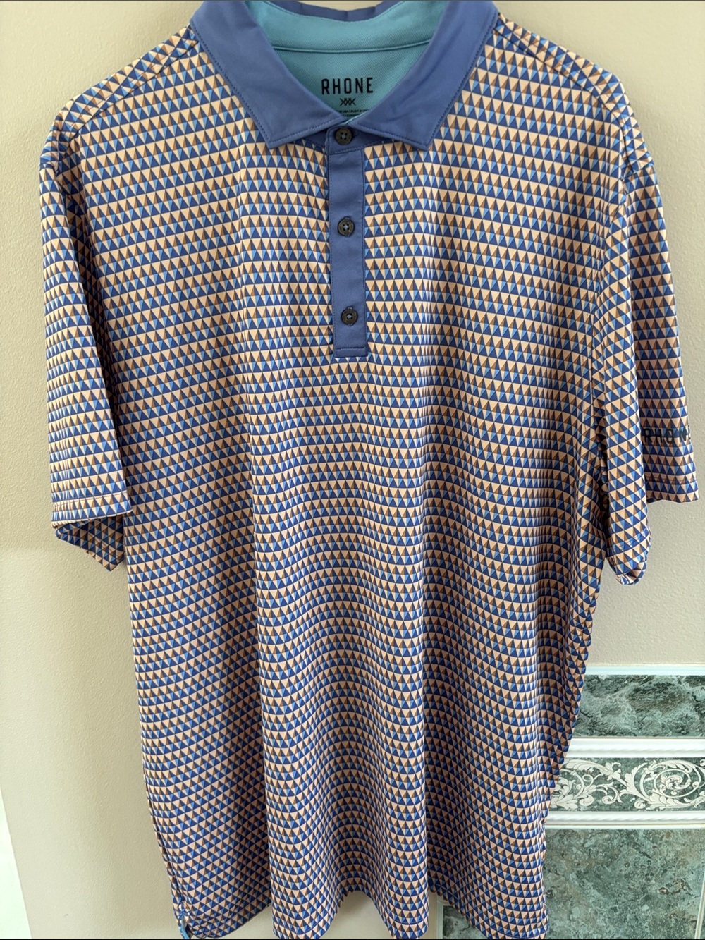 RHONE Golf Sport Polo Blue & Tan Geometric Short-Sleeve
